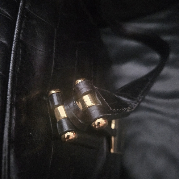 Ralph Lauren Black 100% Leather Croc Embossed Gold Hardware Satchel Tote - Picture 5 of 16